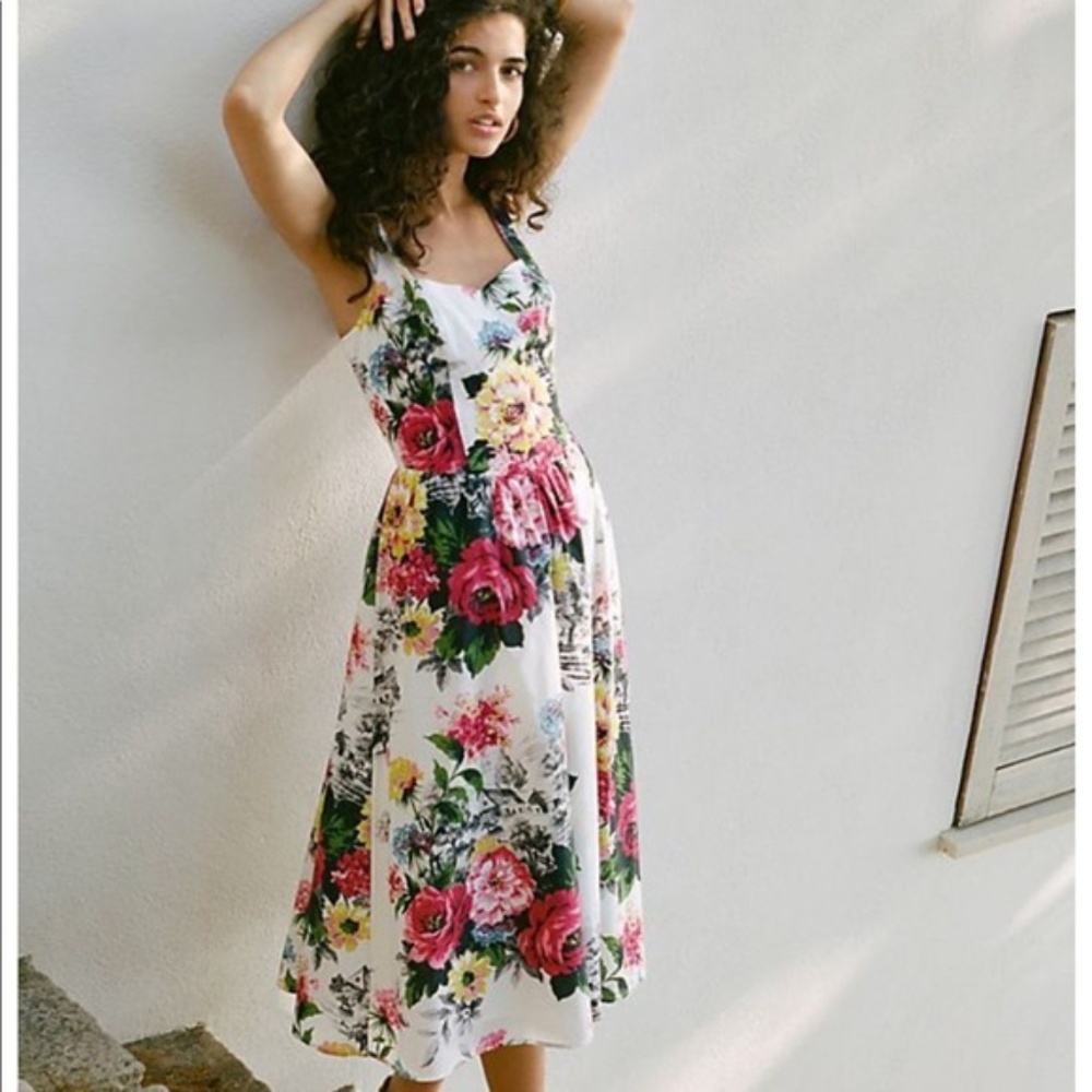 Anthropologie White Floral Midi Dress with Pink & Yellow Blooms